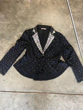 Black Embellished Peplum Blazer with Crystal Trim